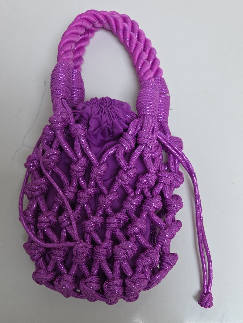 Knotted Purple Macramé Drawstring Bag